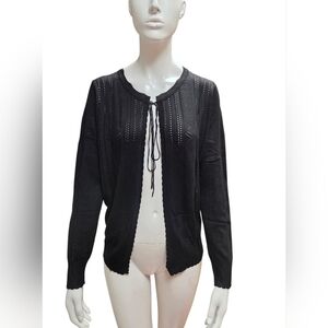 Elegant Black Women's Tie Front Cardigan With Eyelet Detail. Size Small